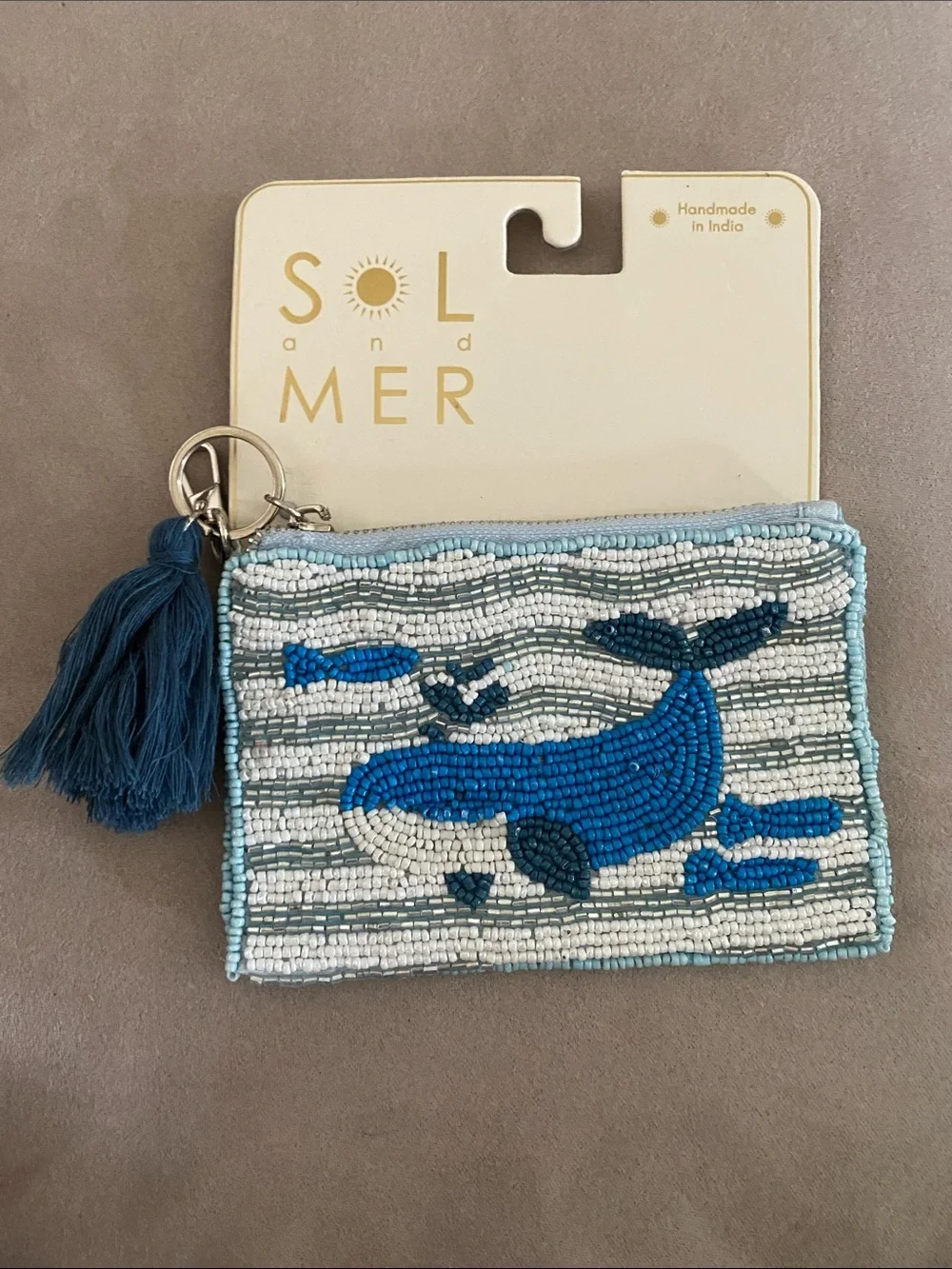 Sol & Mer Beaded Blue Whale Key & Card Holder with Tassel & palm tree charm. NWT